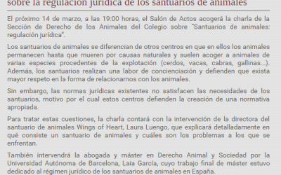 Conferencia «Santuarios de animales: regulación jurídica» en el ICAM, el 14 de marzo (Madrid)