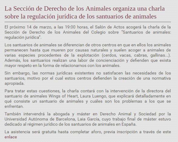 Conferencia «Santuarios de animales: regulación jurídica» en el ICAM, el 14 de marzo (Madrid)